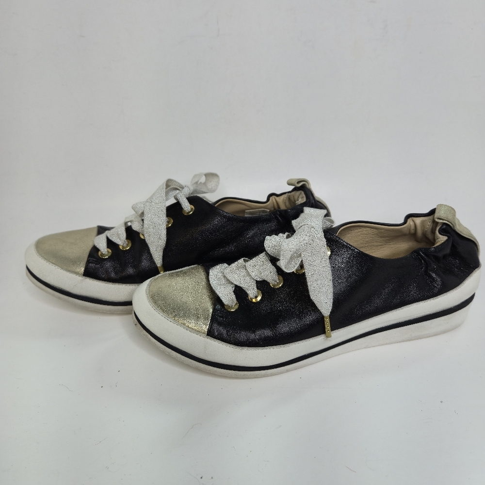 Ron White Nova Ladies Sneakers Flats Black With Gold With Ribbon Laces Size 36